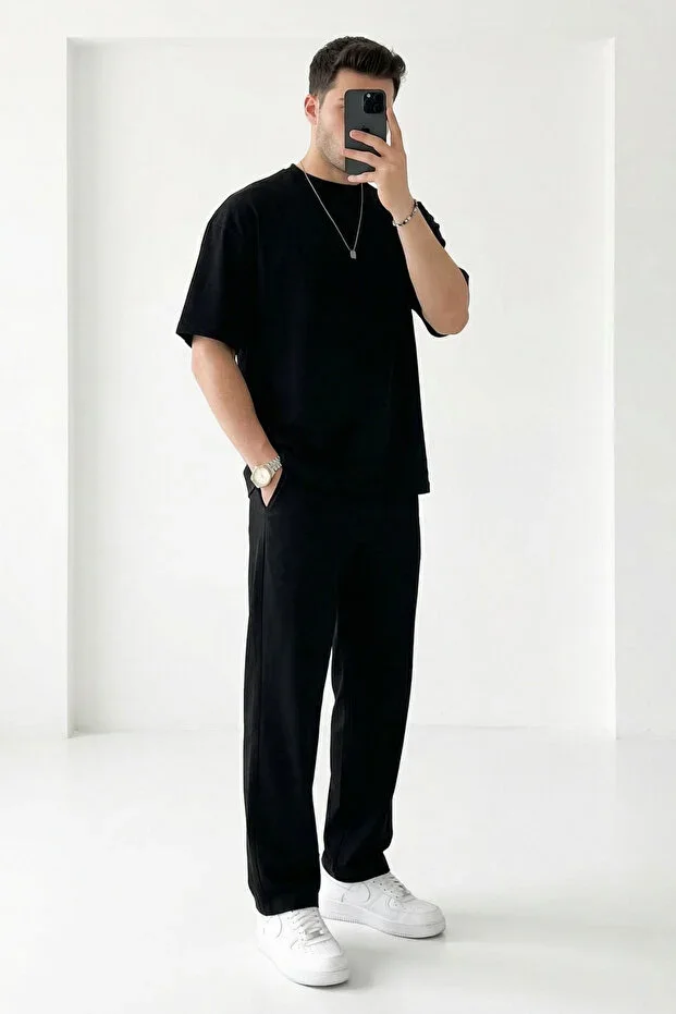 Men's Black Plain Oversize Short Sleeve Tracksuit Set