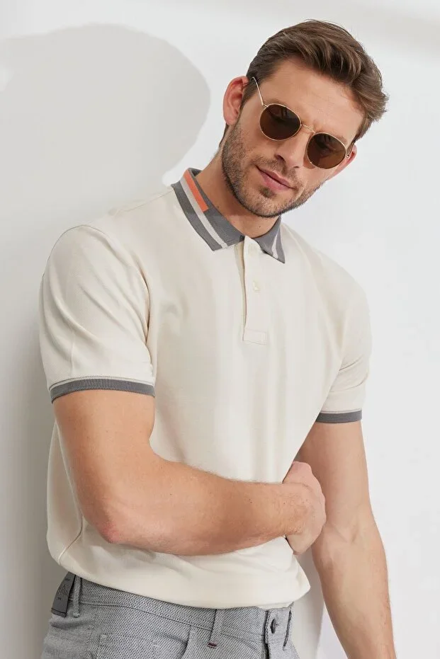 Men's Beige Slim Fit %100 Cotton Non-Iron Polo Neck T-shirt