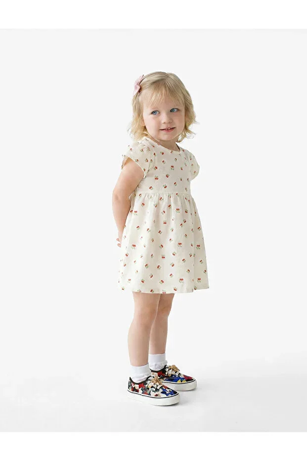 Cherry Pattern Short Sleeve Crew Neck Cotton Dress