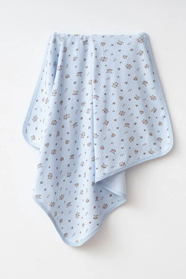 Winter Bear Mavi Naturel Pamuklu 80x90 cm Single Layer Baby Blanket