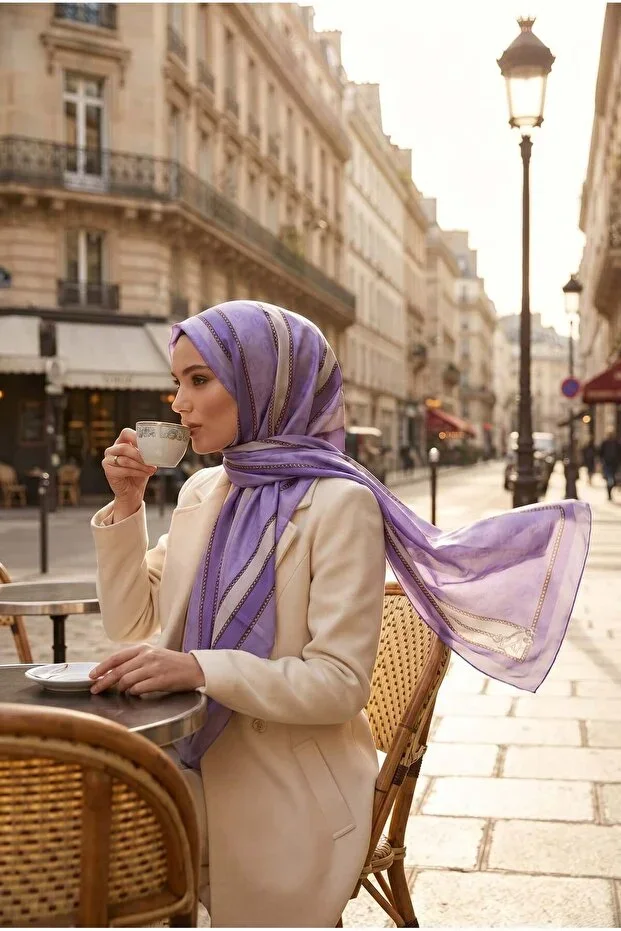 100% Silk Monogram Patterned Lilac - Cream Colored 92x210 Shawl