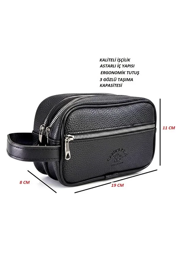 Men's Black Vegan Leather 3 Compartment Portfolio Toiletry Bag