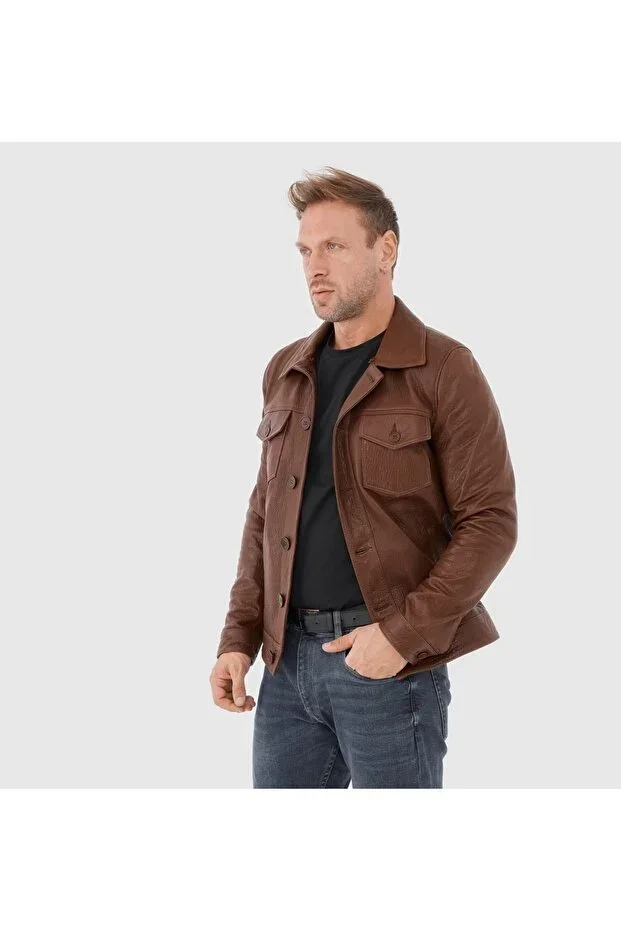 Brown Genuine Leather Men's Leather Jacket [810058]