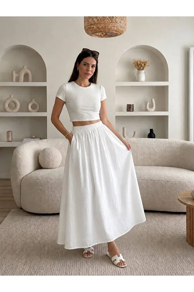 Gülmude Double Pocket Poplin Fabric Elastic Waist Opaque Maxi Skirt (90 CM)