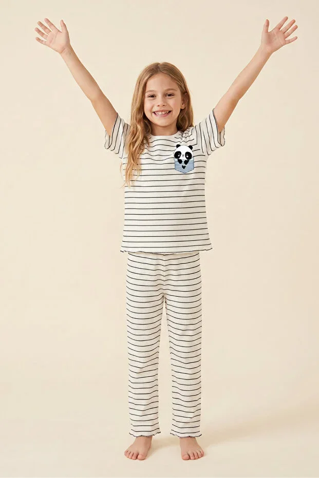 PANDA PRINT STRIPED SHORT SLEEVE GIRL PAJAMAS SET