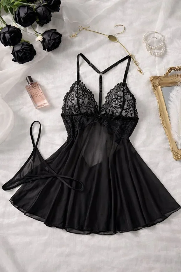 Women's Black Lace Detailed Babydoll Nightgown Set with Free Tanga