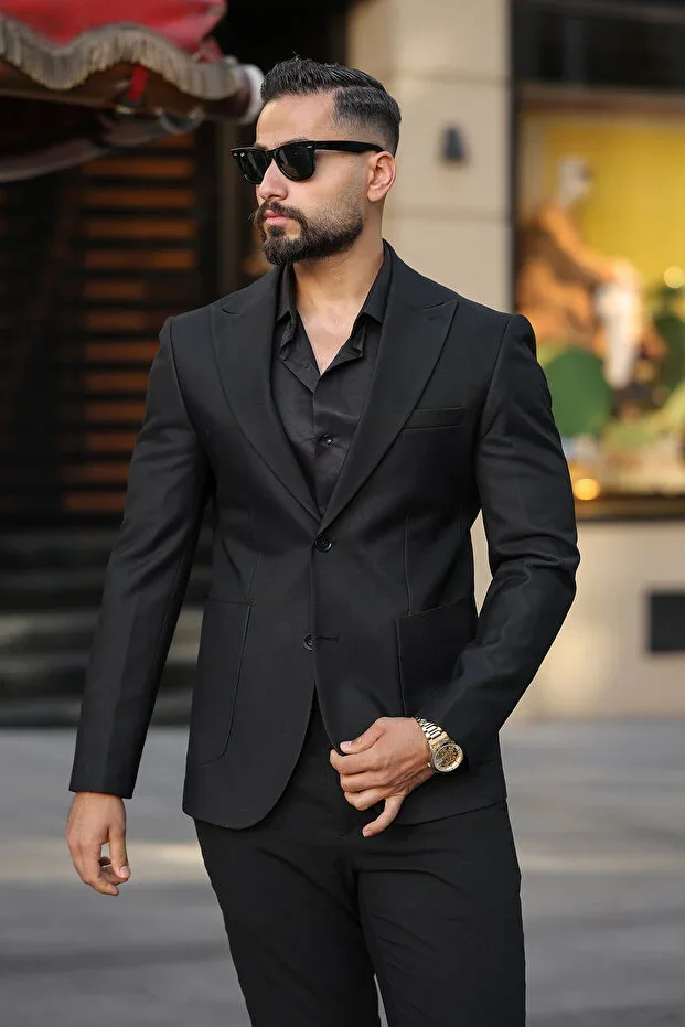 ITALIAN STYLE SLIM FIT SHARP COLLAR MEN'S SINGLE JACKET BLACK