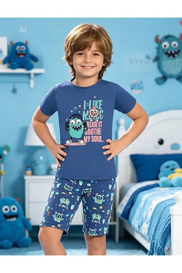 Boys Navy Blue Cute Monster Pattern Short Sleeve T-shirt & Shorts Cotton Combed Pajama Set