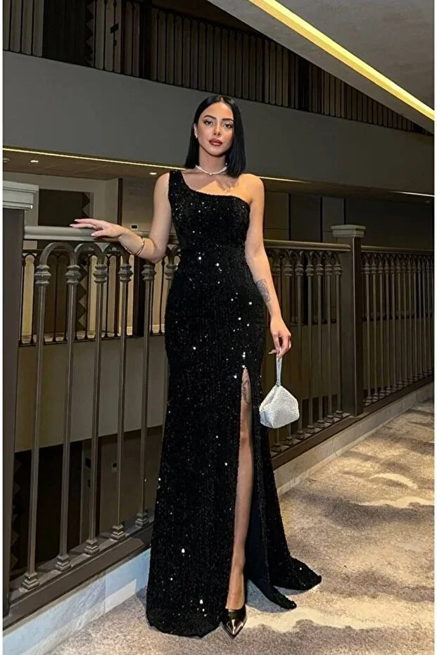 WoolnClyde Women Black Velvet Fabric One Shoulder Slit Back Detail Lined Sequin Maxi Evening Dress