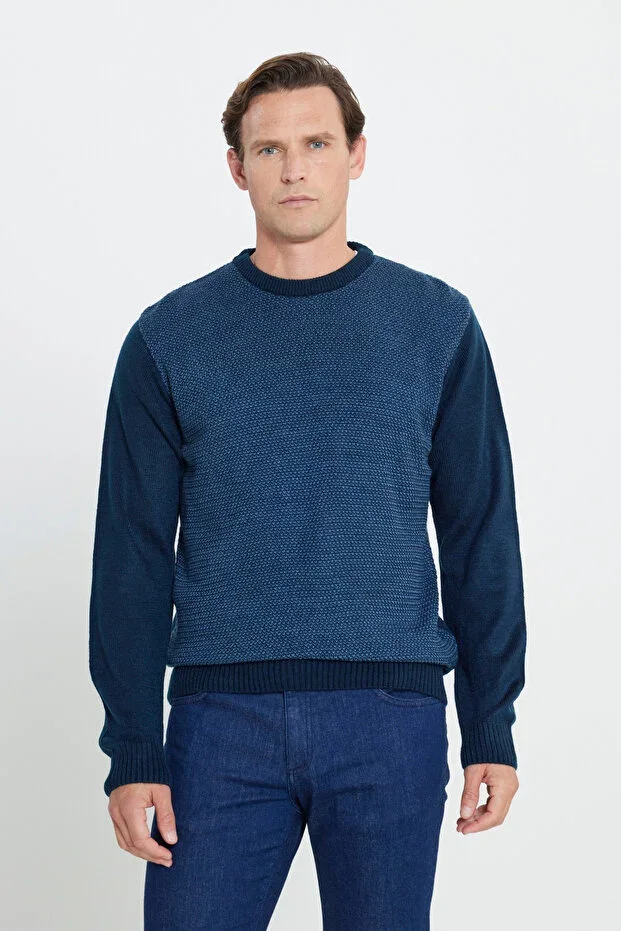 Navy Blue Standard Fit Regular Cut Crew Neck Honeycomb Pattern Knit Sweater