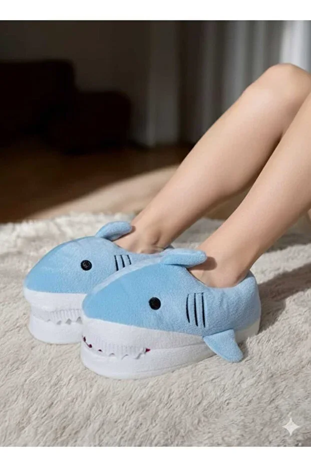 Unisex Shark Figure Plush Slippers - Soft Non-Slip Sole House Slippers