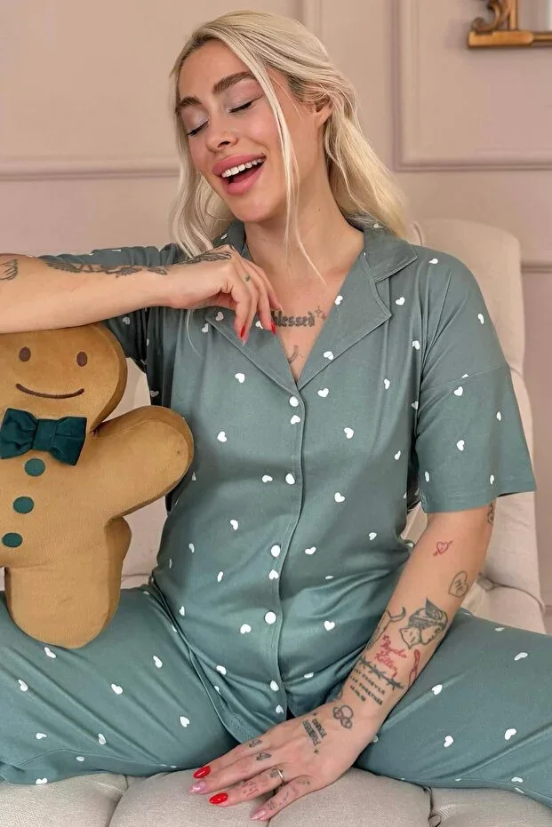 Green Heart Patterned Bamboo Button-Front Short Sleeve Pajama Set