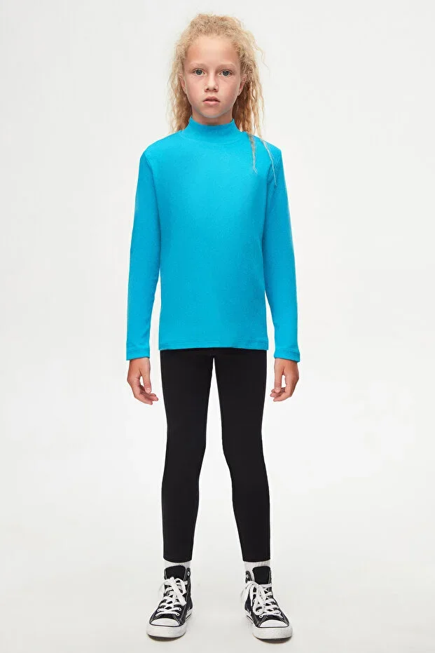 Dark Turquoise Basic Winter Half Turtleneck Long Sleeve Girl T-Shirt
