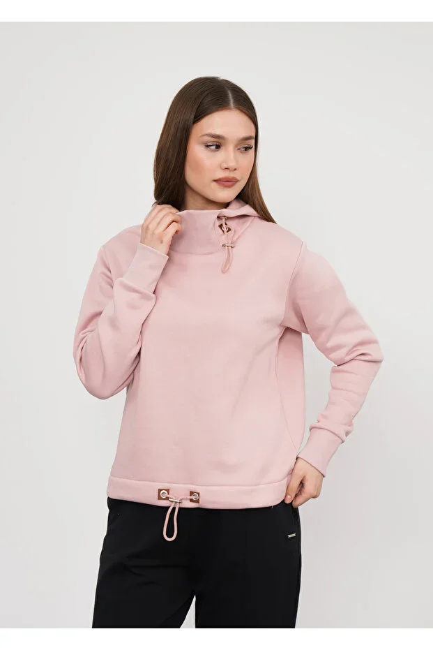 Pink 3-Thread Fabric Women's Sweatshirt with Hem and Hood Cord Detail
