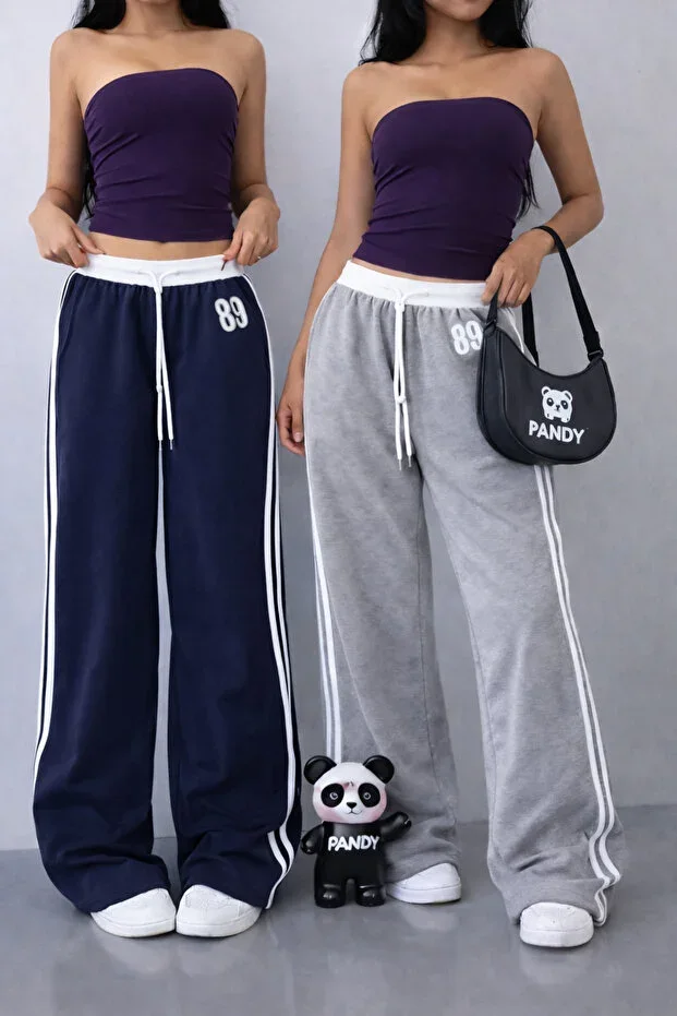 2'li 89 Print White Belted Double Stripe High Waist Women's Wide Leg Sweatpants