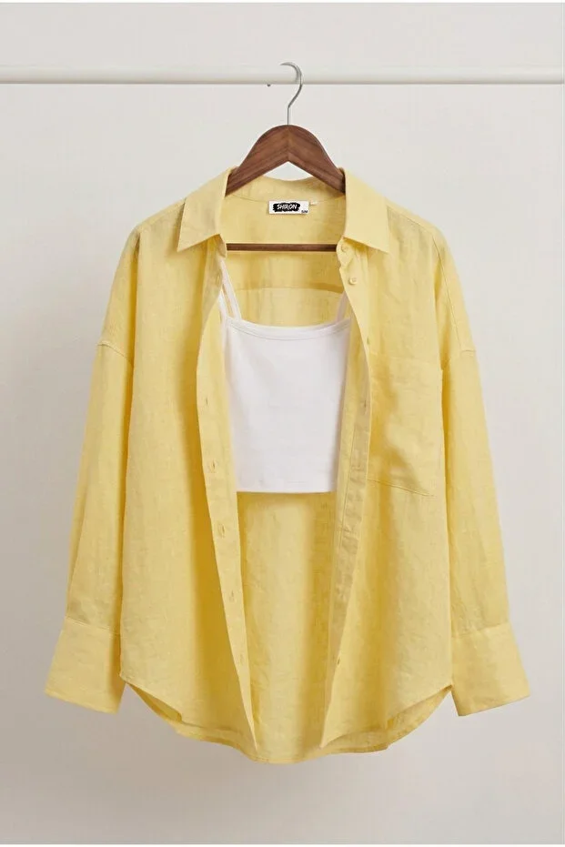 Shiron Sportswear&Company Lux Quality Yellow Women's Low Shoulder Oversize Linen Pocket Detailed Shirt