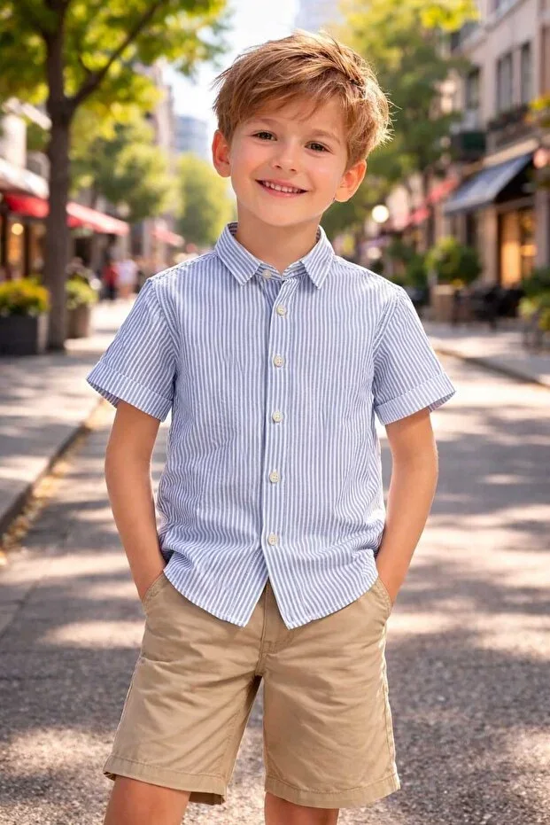 Blue White Striped Plain Short Sleeve Shirt for Boys