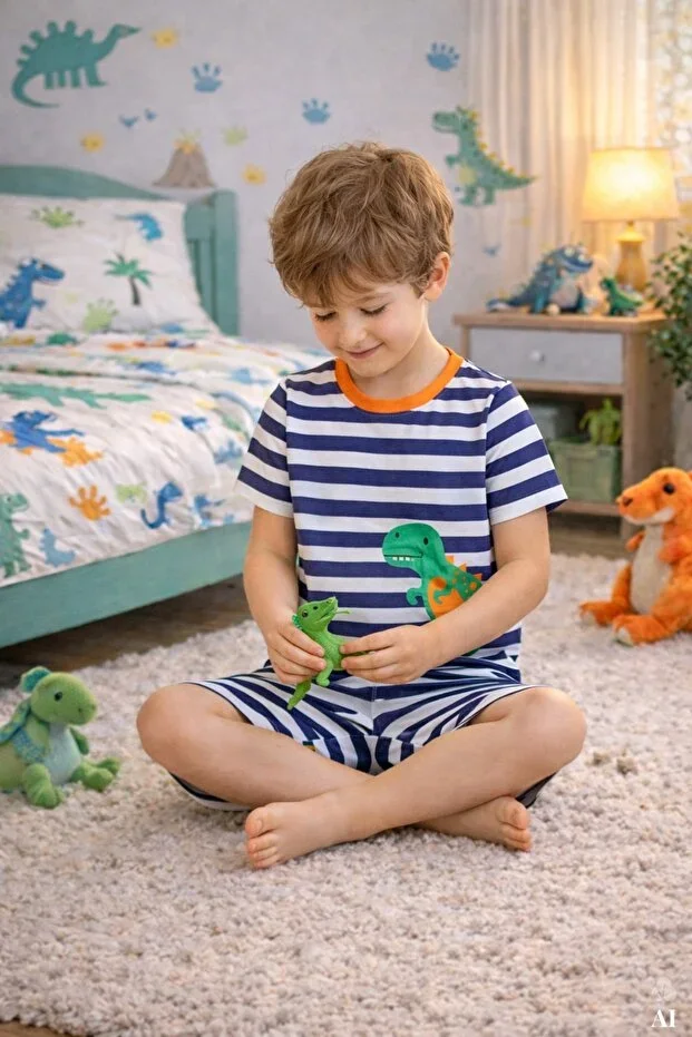 Boys Cotton Striped Printed Short Sleeve Pajama Set