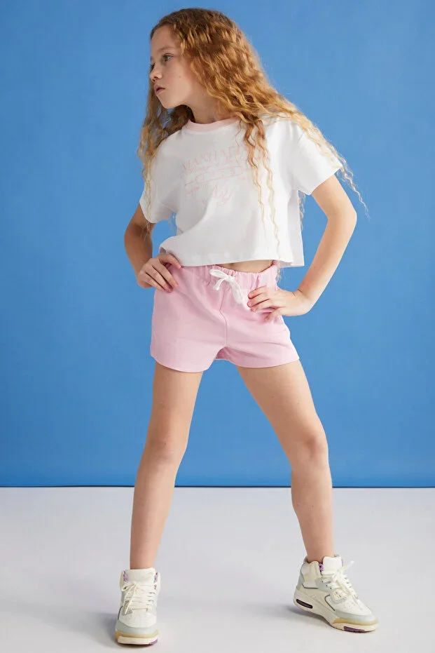 SUZANNE-GRM24048 100% Cotton Girls' Shorts T-shirt Set Pink Top-Bottom Set