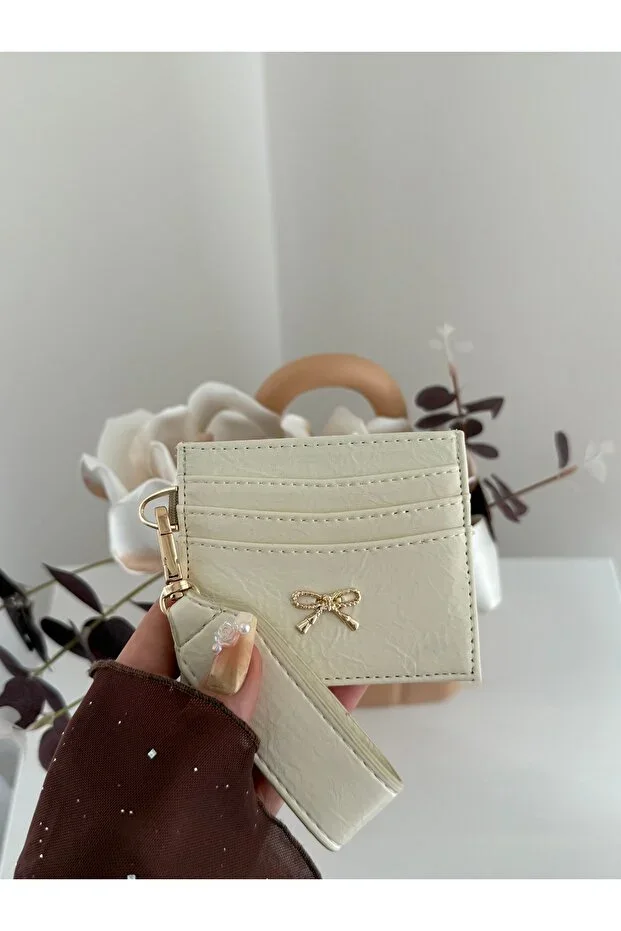 Women's Bow Detail Cardholder with Keychain Shiny Faux Leather