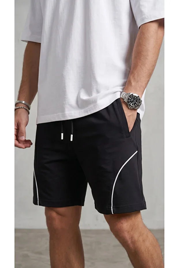 Men's Black Front Piping Zippered Shorts with Back Pockets