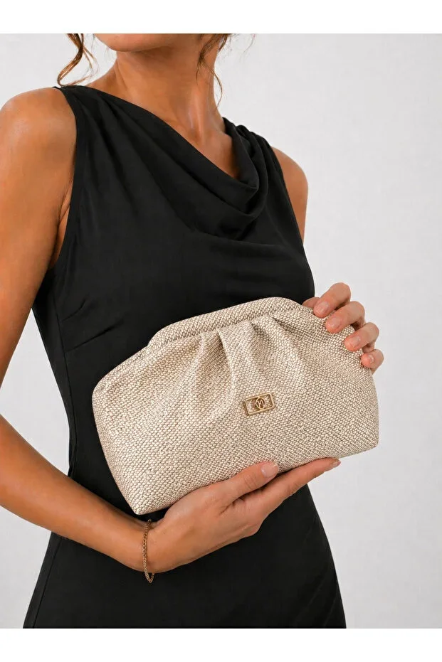 Straw Look Beige Faux Leather Clutch Daily and Evening Bag for Women
