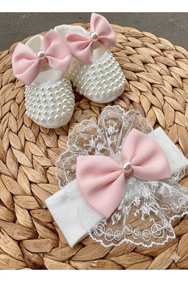 Baby Girl Bow Detail Shiny Pearl Booties Lace Bandana Set 10cm Gift Booties Luxury Velcro