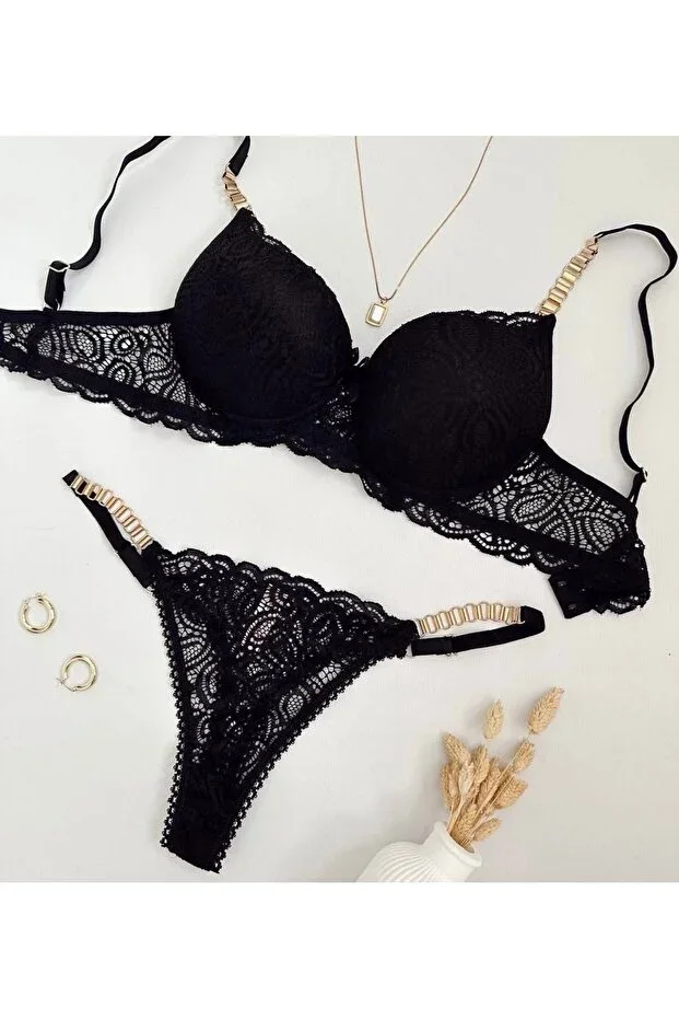 Black Padded Supportive Bra Set with Gold Chain Detail