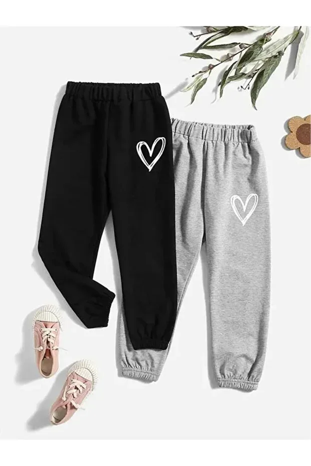 Kids "HEART PRINT" 2-Piece Black/Gray Sweatpants