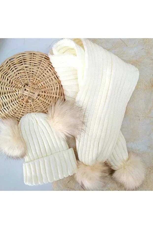 Baby Girl Children's Pom-Pom Winter Scarf Hat Set Cream