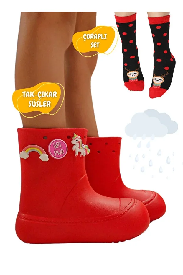 Red Rain Boot + Deer + Sock Set