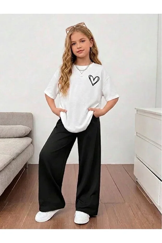 Girls' Summer Fabric Minimal Heart Print White T-shirt - Wide Leg Black Sweatpants Set