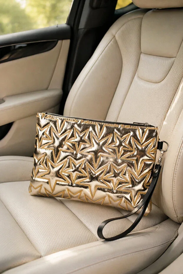 Adelina Bags Star Embroidered Portfolio Handbag Wrist Strap Satin Lined Gold Clutch Bag