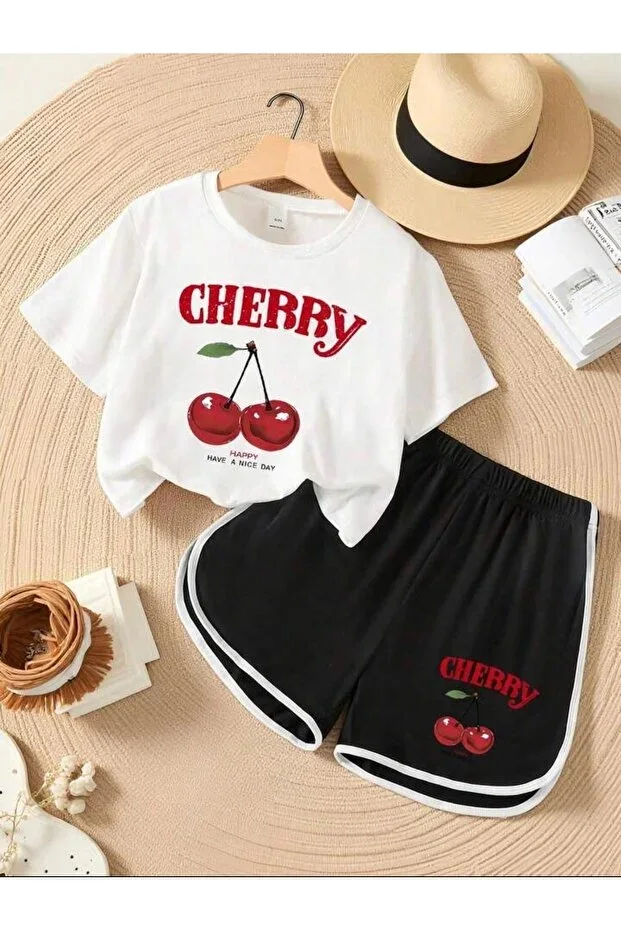 Girls Cheery Cherry Print White - T-shirt Trimmed Shorts Set