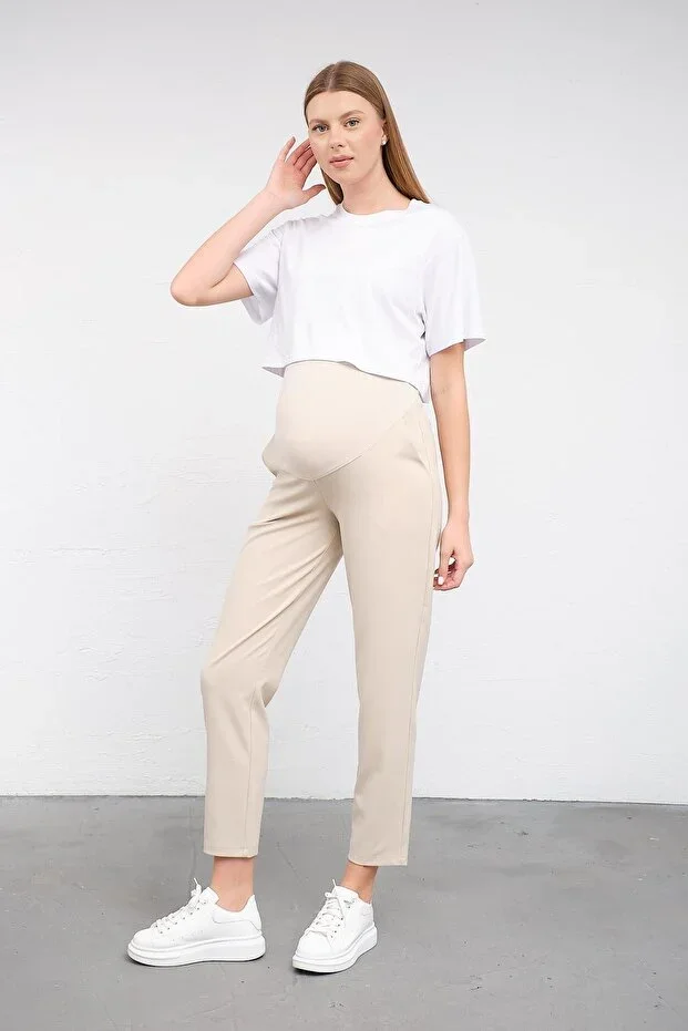 BUSA Pregnant Elastic Waistband Adjustable Mom Fit Classic Gabardine Trousers BEIGE