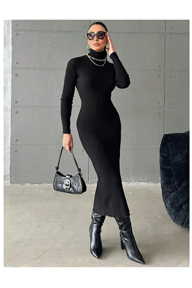 DESING HS Fisherman Neck Midi Length Ribbed Cotton Pencil Dress