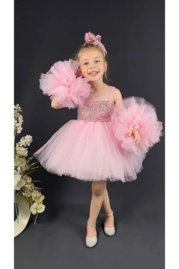 Chiffon Ruffled Pom-Pom Sleeve Sequin Girl Child Fluffy Skirt Tulle Evening Dress PINK