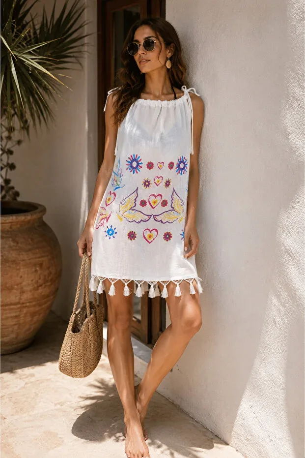 Women Butterfly Pattern String Strap Dress I Cotton Viscon Fabric I Beachwear