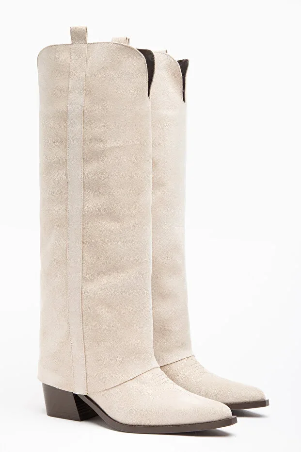 Beige Tan Cream Matte Suede Pants Straight Western Cowboy Boots