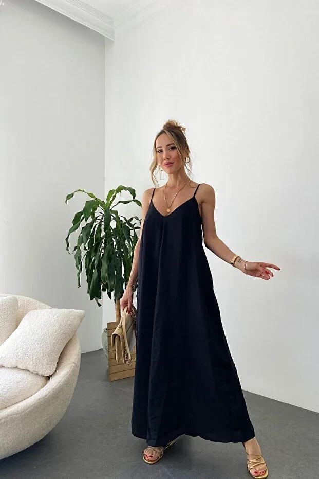 ENMADAM Black Aerobin Fabric Iron-Free Adjustable Strap Maxi Dress