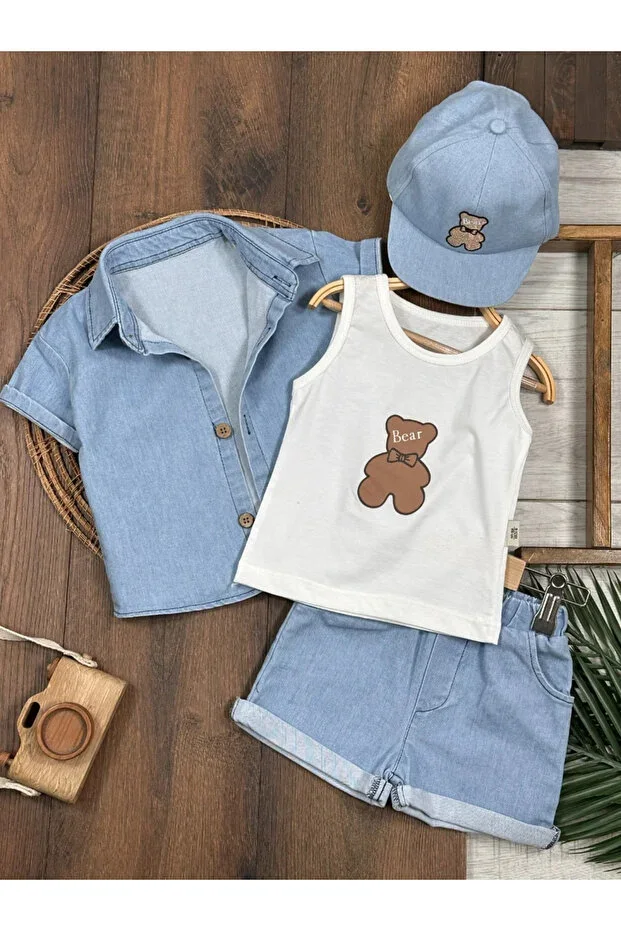 Hat-wearing Teddy Bear Patterned Tank Top Bodysuit Lycra Denim 4-piece Summer Boy Baby Set