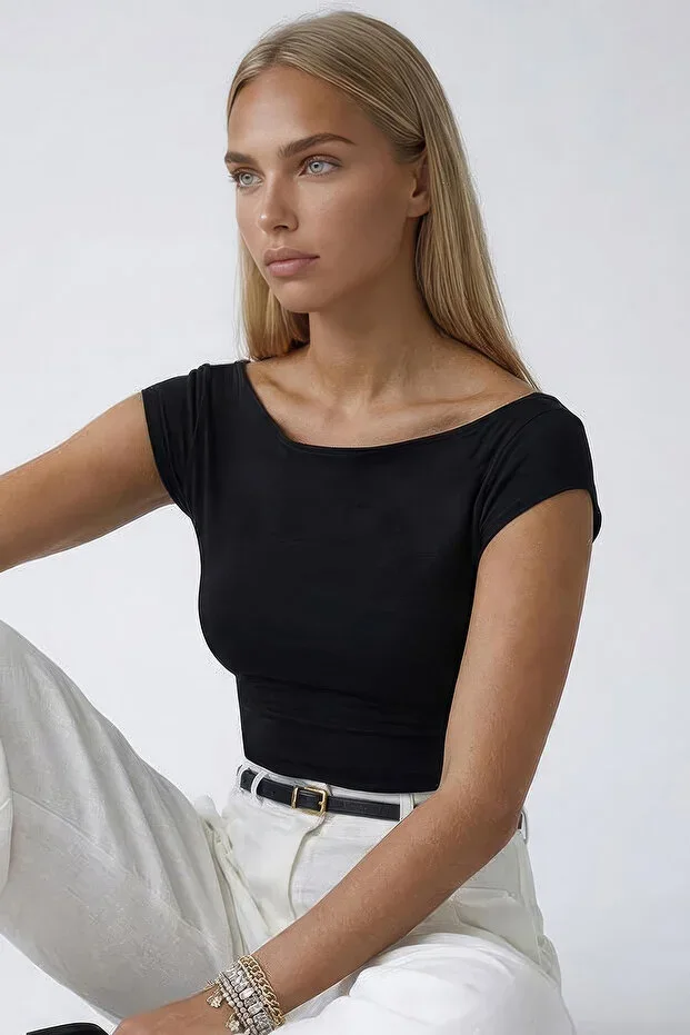 Black Wide Neck Sandy Blouse ALC-X15461