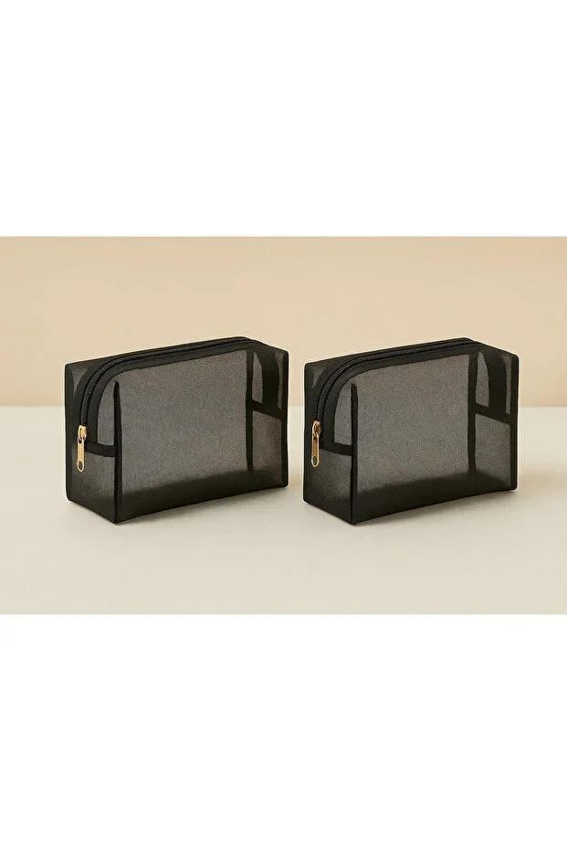 Black Mesh Fabric Cosmetic Bag Set – 2 Pieces Transparent and Stylish Design