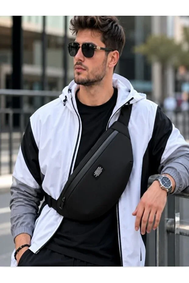 Unisex Black Waterproof Fabric Shoulder and Waist Bag