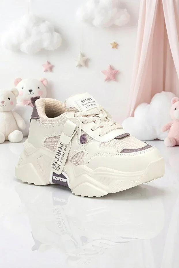 Kids DS 2051 Beige Purple Children Sneaker Daily Sports Shoe