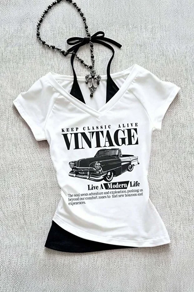1blood White Vintage Modern Life Strap Short Sleeve Crop