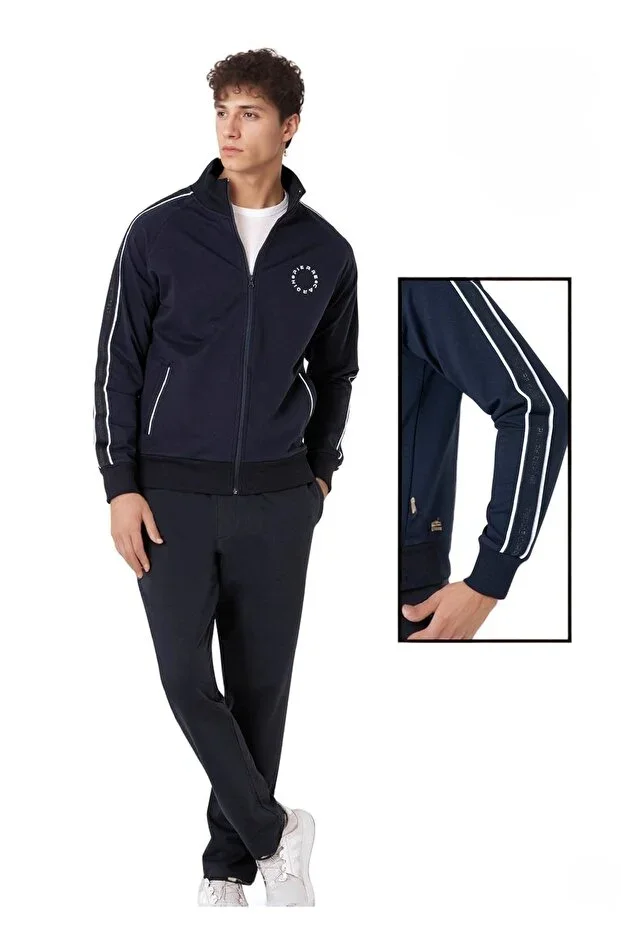 Cotton Seasonal Navy Blue 2-Thread Zippered Straight Leg Tracksuit Q8P2K4RKC1