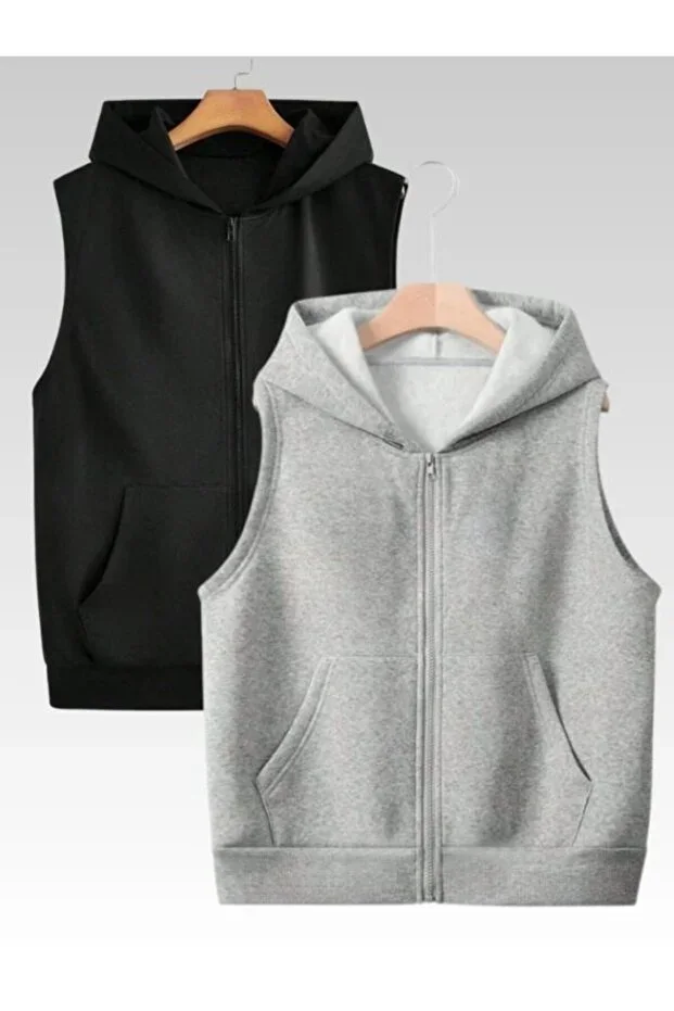 2-Piece Unisex Zippered Hooded Kangaroo Pocket Oversize Sleeveless Vest