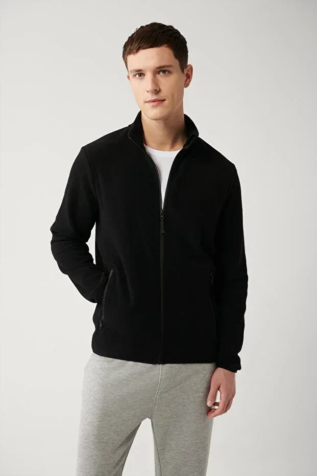 Men's Black Basic Stand-Up Collar Fleece Cardigan E001069