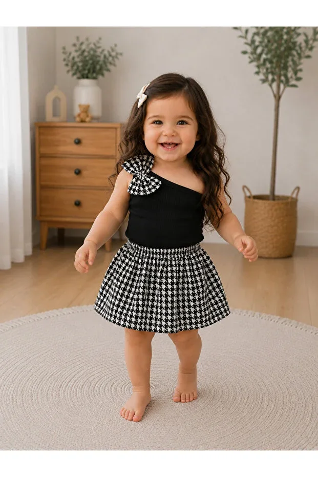 BLACK BABY CHILD ONE SHOULDER CROP SKIRT SET SUIT BOTTOM TOP SUIT